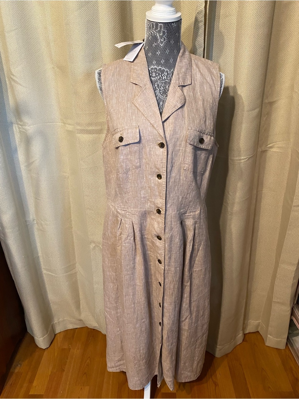 J. Jill Sleeveless Button-Front 100% Linen Dress in Flax Color